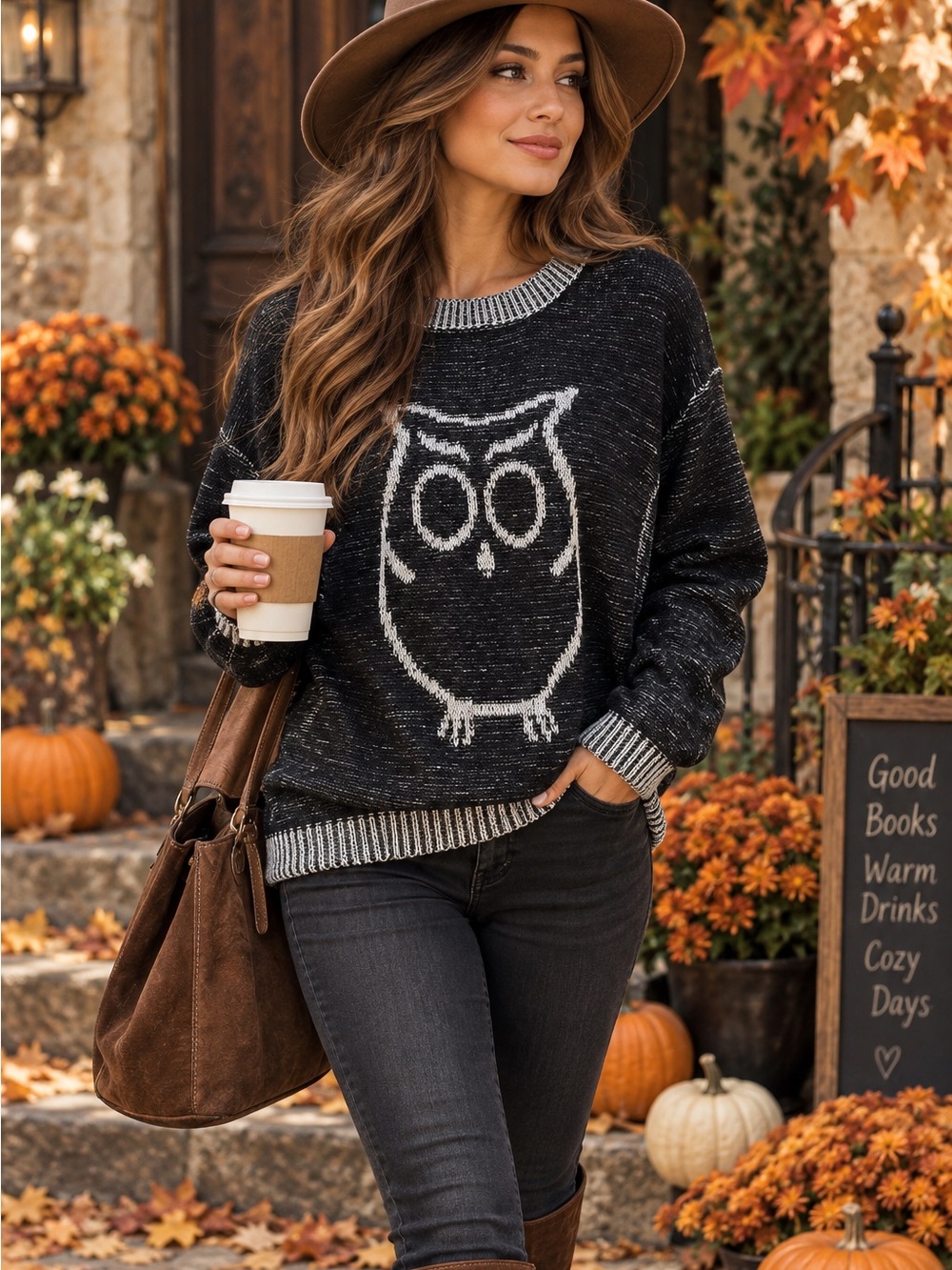 NWT UNIQ Owl Graphic Knit Sweater Medium Dark Academia Black Gray UNISEX